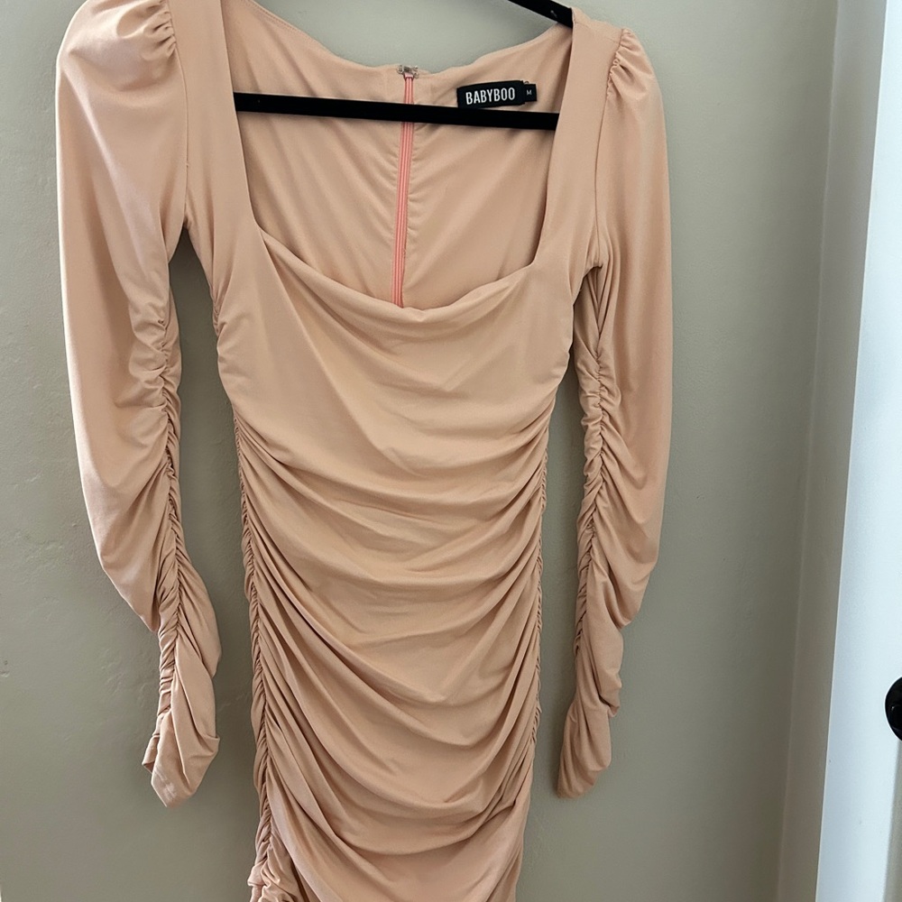 Pink Ruched Bodycon Dress with Puff Sleeves